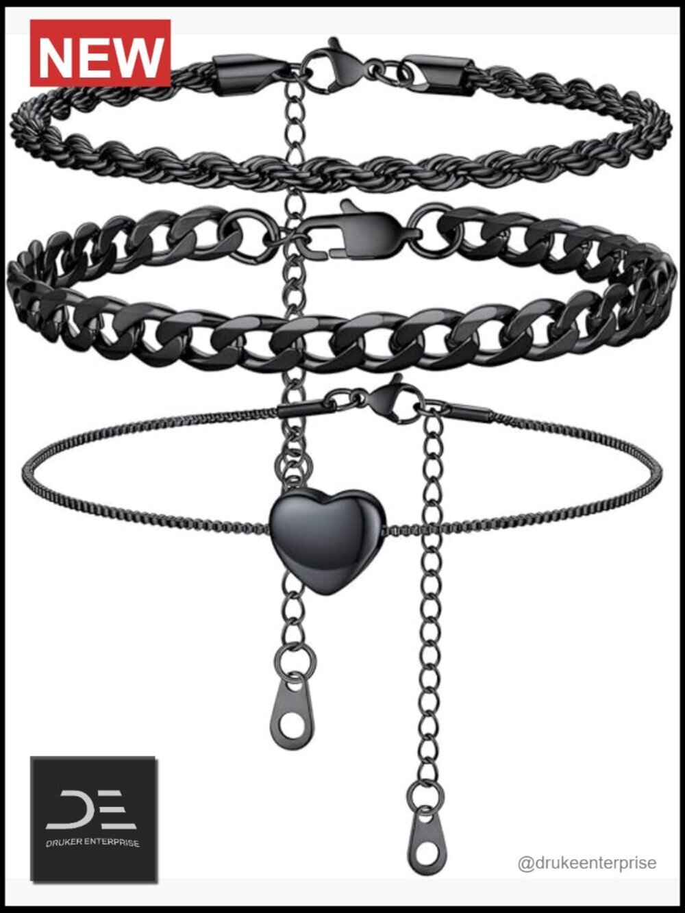 Stainless Steel Cuban Link Figaro Rope Heart Chain Anklet Set Waterproof